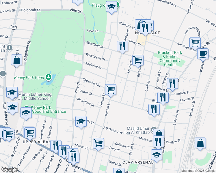 map of restaurants, bars, coffee shops, grocery stores, and more near in Hartford