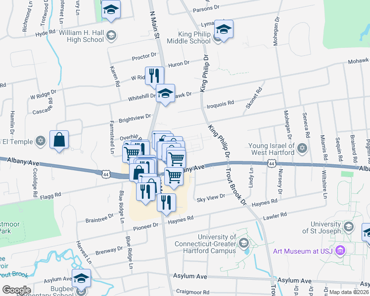 map of restaurants, bars, coffee shops, grocery stores, and more near 60 Starkel Road in West Hartford
