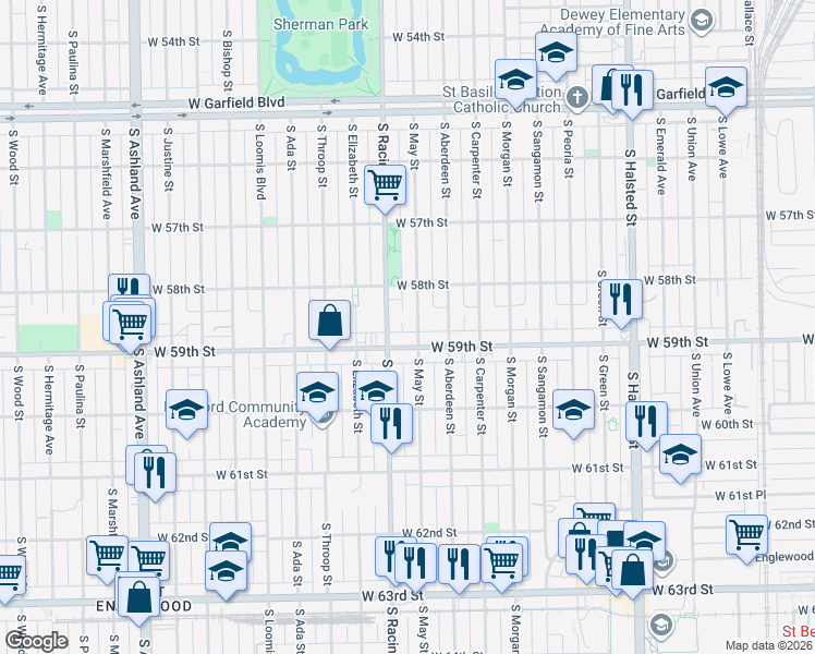 map of restaurants, bars, coffee shops, grocery stores, and more near 1142 West 59th Street in Chicago