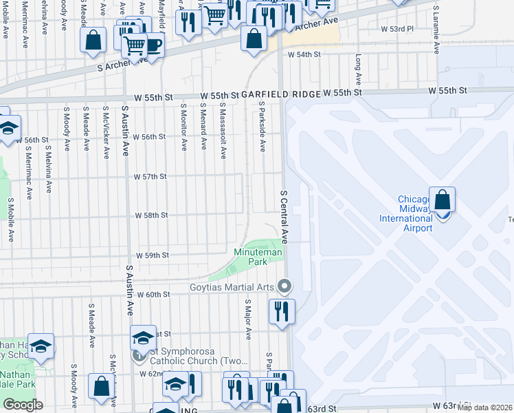 map of restaurants, bars, coffee shops, grocery stores, and more near 5758 South Parkside Avenue in Chicago
