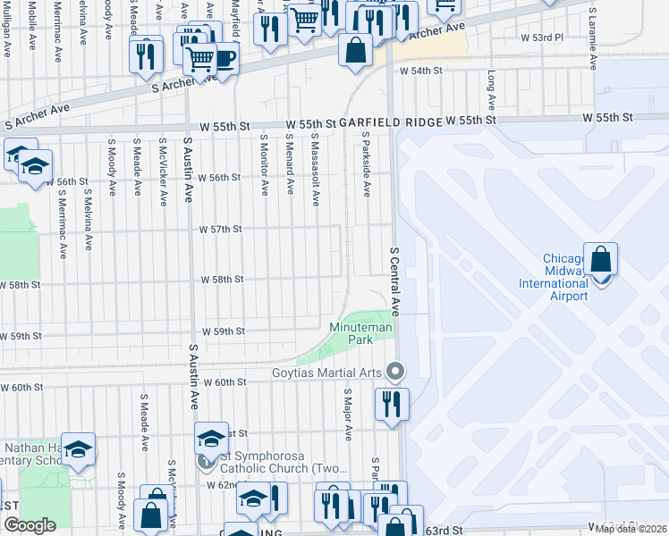 map of restaurants, bars, coffee shops, grocery stores, and more near 5711 West 58th Street in Chicago
