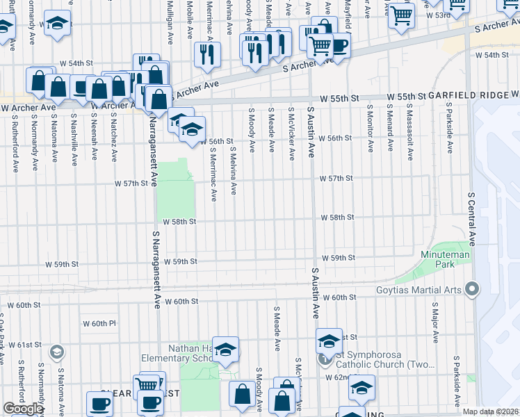 map of restaurants, bars, coffee shops, grocery stores, and more near 5759 South Moody Avenue in Chicago