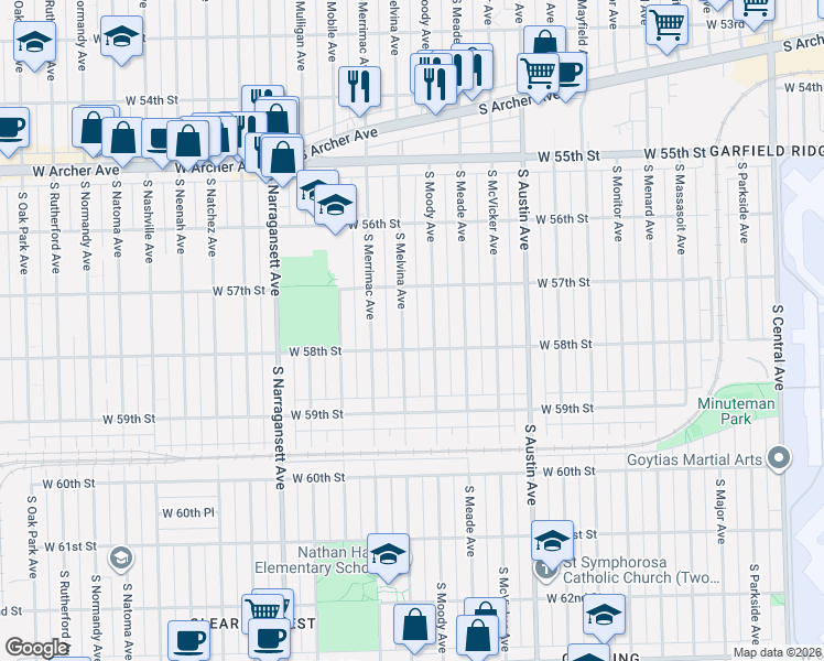 map of restaurants, bars, coffee shops, grocery stores, and more near 5800 South Melvina Avenue in Chicago