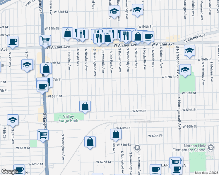 map of restaurants, bars, coffee shops, grocery stores, and more near 5755 South Newcastle Avenue in Chicago