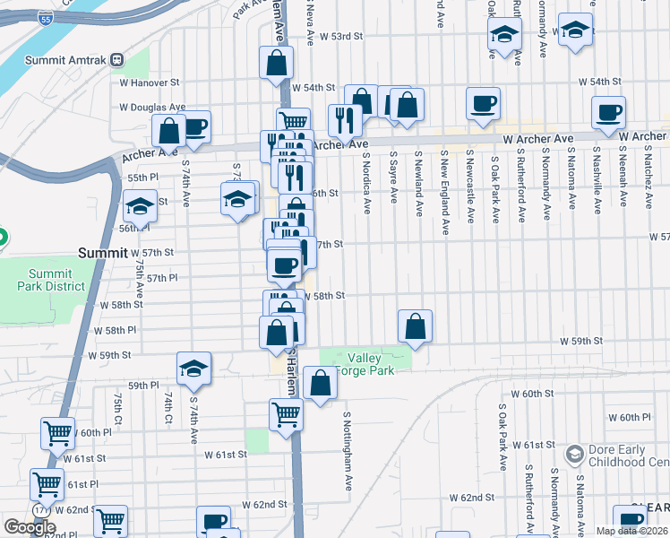 map of restaurants, bars, coffee shops, grocery stores, and more near 5747 South Neva Avenue in Chicago