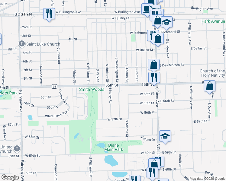 map of restaurants, bars, coffee shops, grocery stores, and more near 424 South Washington Street in Westmont