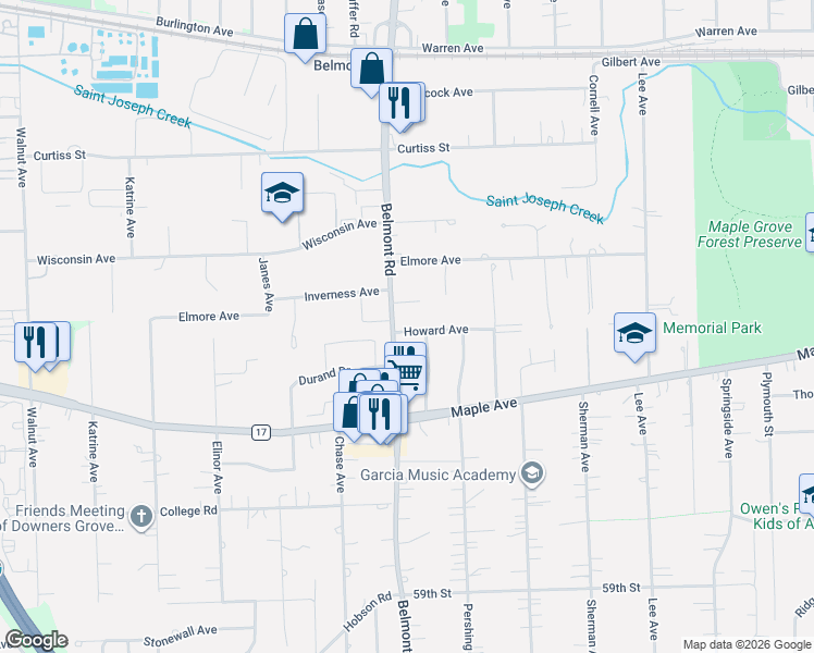 map of restaurants, bars, coffee shops, grocery stores, and more near 5460 Hillcrest Avenue in Downers Grove