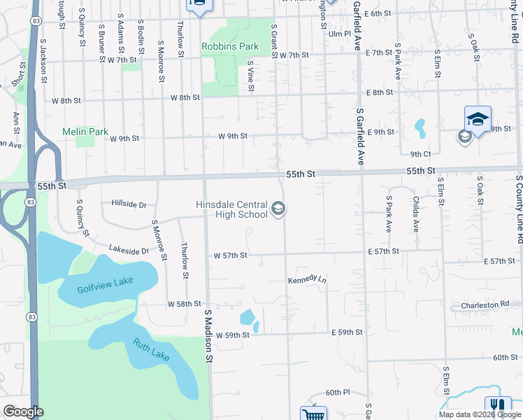 map of restaurants, bars, coffee shops, grocery stores, and more near 5500 South Grant Street in Hinsdale