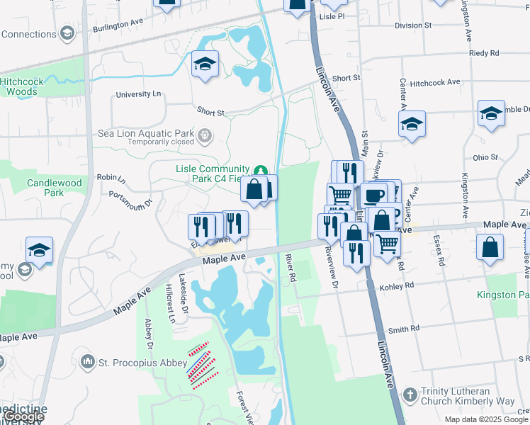 map of restaurants, bars, coffee shops, grocery stores, and more near 5403 Eisenhower Lane in Lisle