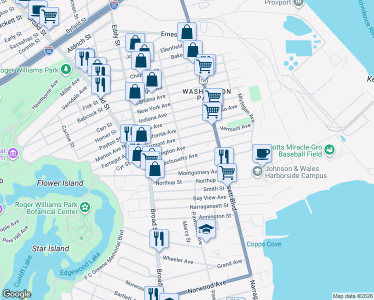 map of restaurants, bars, coffee shops, grocery stores, and more near 230 Washington Avenue in Providence