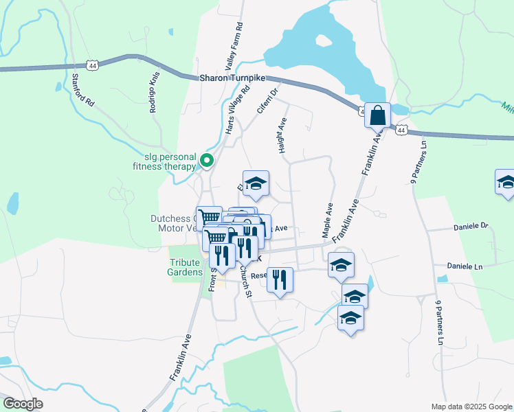 map of restaurants, bars, coffee shops, grocery stores, and more near 12 Elm Drive in Millbrook