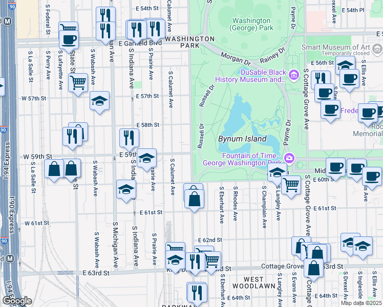 map of restaurants, bars, coffee shops, grocery stores, and more near South King Drive & East 59th Street in Chicago
