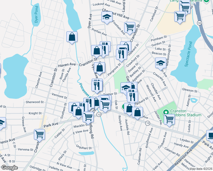 map of restaurants, bars, coffee shops, grocery stores, and more near 9 Cedar Street in Cranston