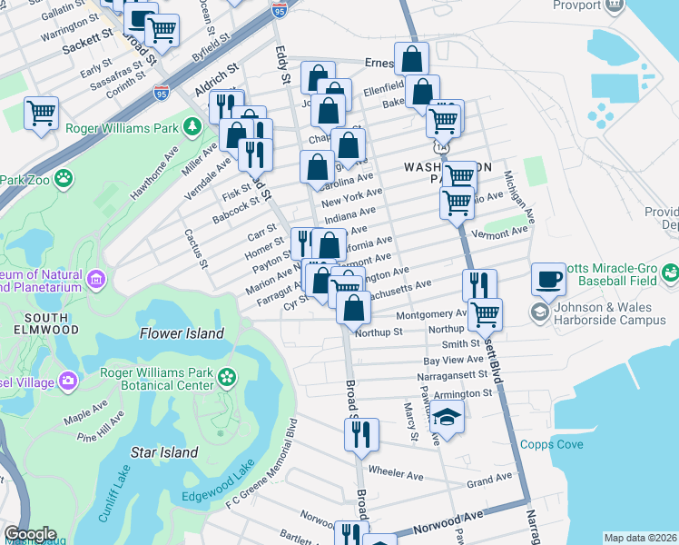 map of restaurants, bars, coffee shops, grocery stores, and more near 294 Washington Avenue in Providence