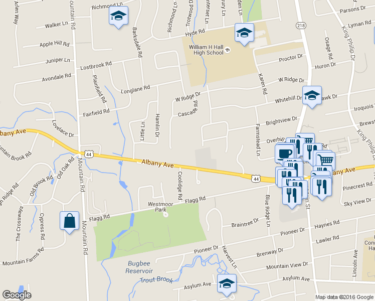 map of restaurants, bars, coffee shops, grocery stores, and more near 2626 Albany Avenue in West Hartford