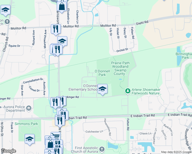 map of restaurants, bars, coffee shops, grocery stores, and more near 1496 McClure Road in Aurora