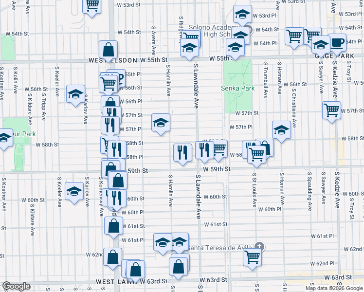 map of restaurants, bars, coffee shops, grocery stores, and more near 3736 West 58th Place in Chicago