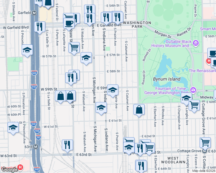 map of restaurants, bars, coffee shops, grocery stores, and more near 5855 South Indiana Avenue in Chicago
