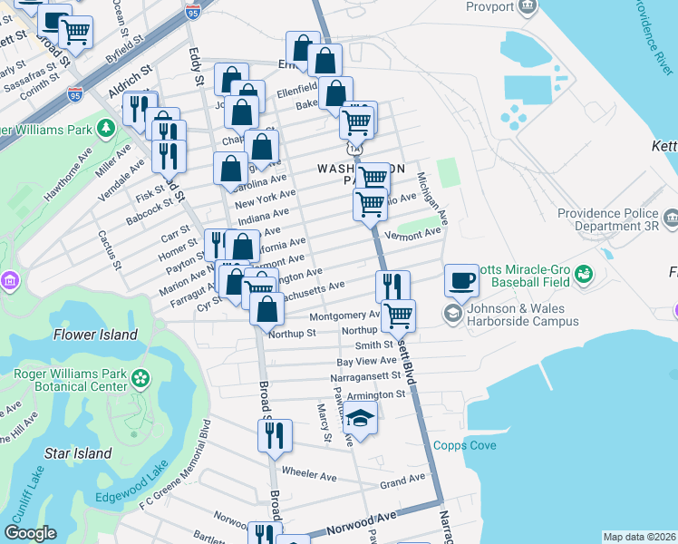 map of restaurants, bars, coffee shops, grocery stores, and more near 199 Alabama Avenue in Providence