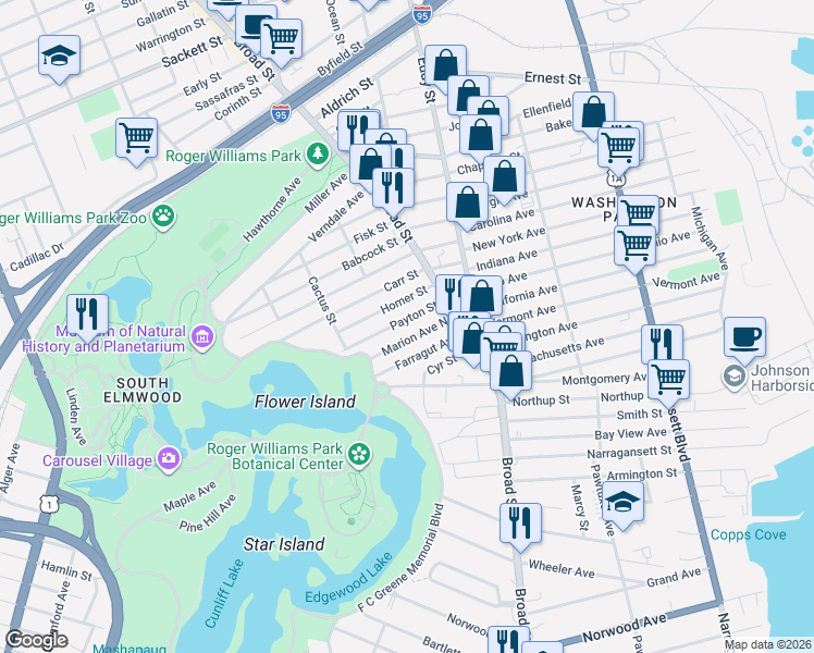 map of restaurants, bars, coffee shops, grocery stores, and more near 45 Farragut Avenue in Providence