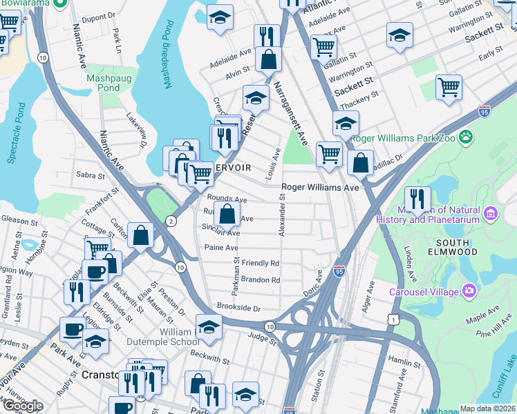 map of restaurants, bars, coffee shops, grocery stores, and more near 98 Rutherglen Avenue in Providence