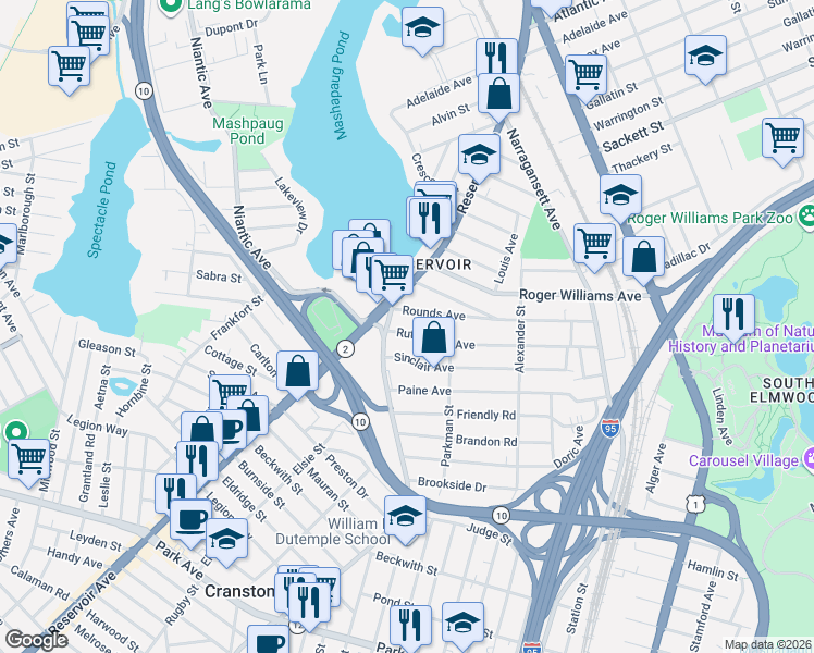 map of restaurants, bars, coffee shops, grocery stores, and more near 172 Rutherglen Avenue in Providence