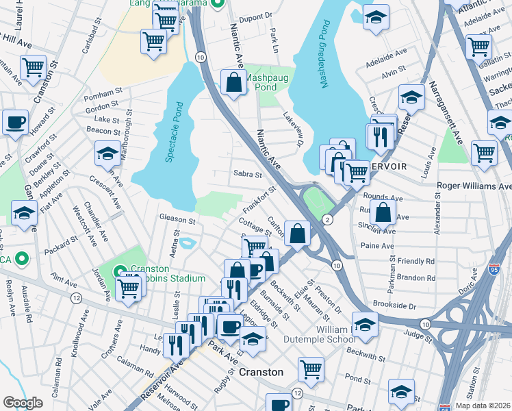 map of restaurants, bars, coffee shops, grocery stores, and more near 5 Cottage Circle in Cranston