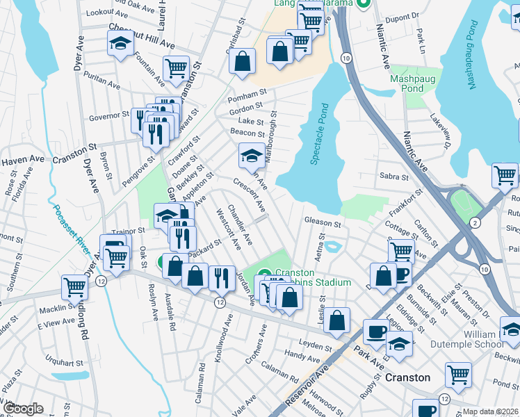 map of restaurants, bars, coffee shops, grocery stores, and more near 115 Fiat Avenue in Cranston