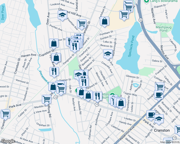 map of restaurants, bars, coffee shops, grocery stores, and more near 172 Jordan Avenue in Cranston