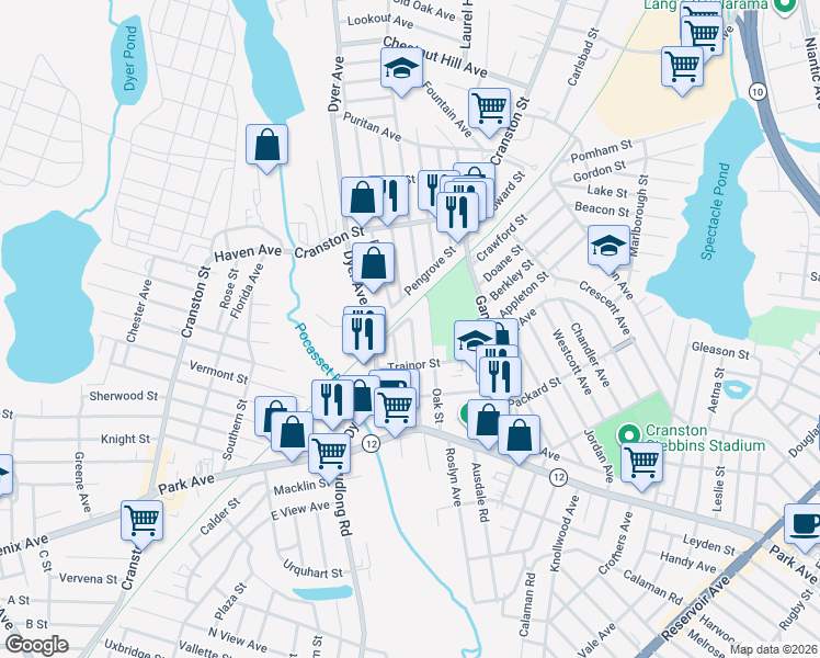 map of restaurants, bars, coffee shops, grocery stores, and more near 28 Oak Street in Cranston