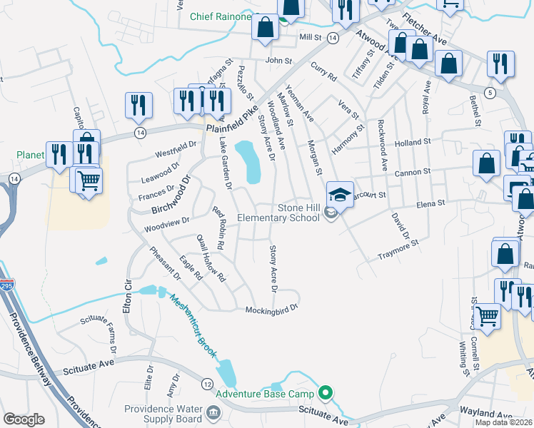 map of restaurants, bars, coffee shops, grocery stores, and more near 80 Stone Drive in Cranston