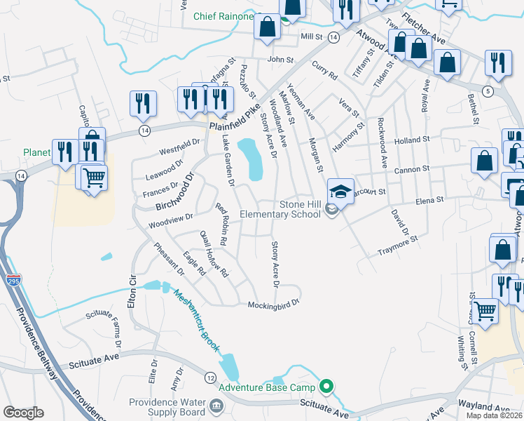 map of restaurants, bars, coffee shops, grocery stores, and more near 80 Stone Drive in Cranston