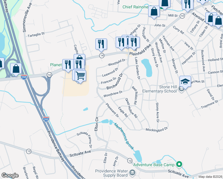 map of restaurants, bars, coffee shops, grocery stores, and more near 28 Woodview Drive in Cranston