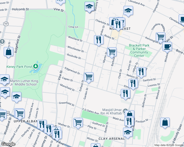 map of restaurants, bars, coffee shops, grocery stores, and more near in Hartford