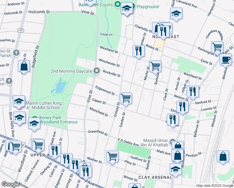 map of restaurants, bars, coffee shops, grocery stores, and more near 191 Enfield Street in Hartford
