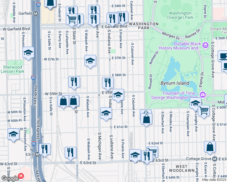 map of restaurants, bars, coffee shops, grocery stores, and more near 5910 South Prairie Avenue in Chicago