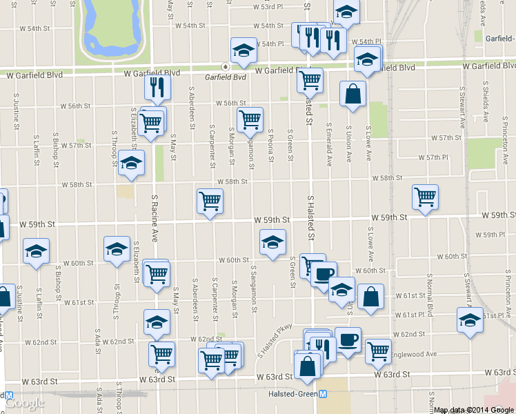 map of restaurants, bars, coffee shops, grocery stores, and more near 912 West 59th Street in Chicago