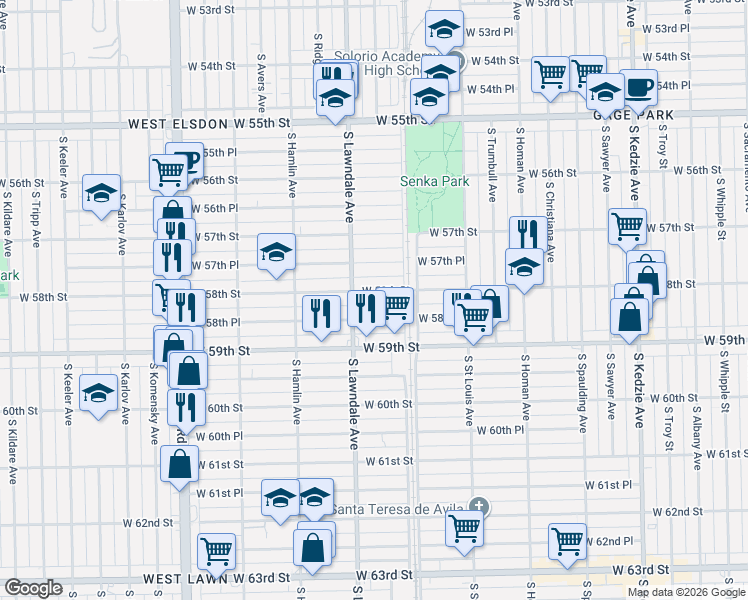 map of restaurants, bars, coffee shops, grocery stores, and more near 3616 West 58th Place in Chicago