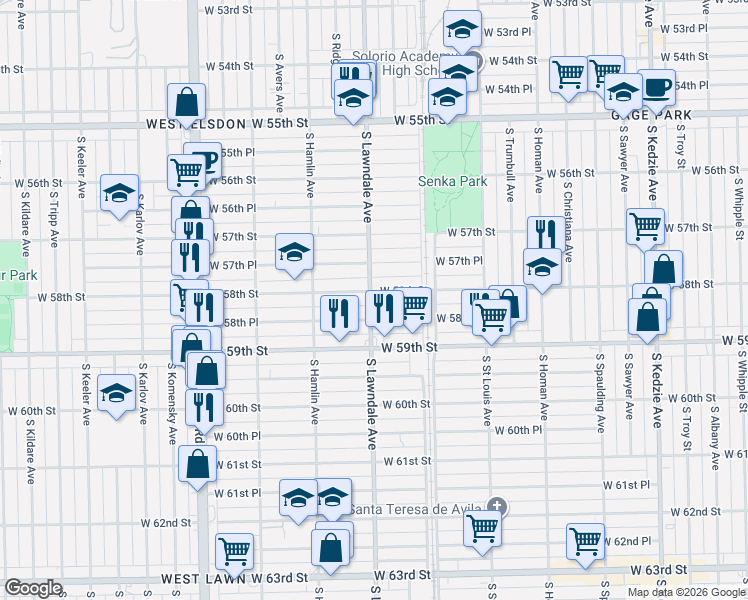 map of restaurants, bars, coffee shops, grocery stores, and more near 3652 West 58th Place in Chicago