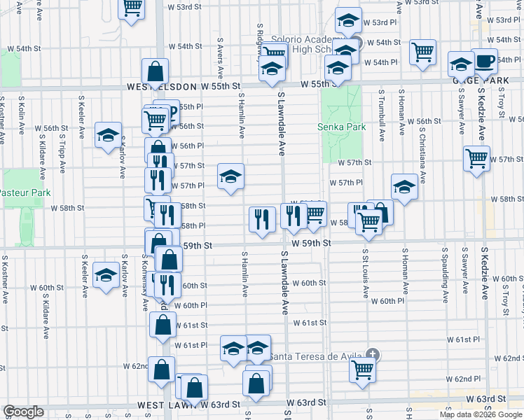 map of restaurants, bars, coffee shops, grocery stores, and more near 3736 West 58th Place in Chicago