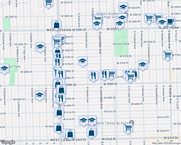 map of restaurants, bars, coffee shops, grocery stores, and more near 3736 West 58th Place in Chicago