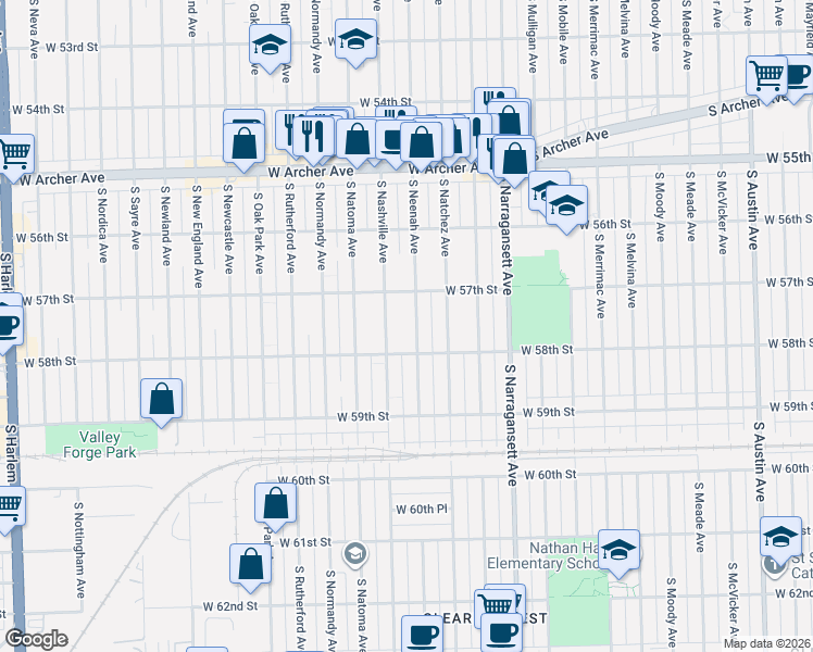 map of restaurants, bars, coffee shops, grocery stores, and more near 5755 South Nashville Avenue in Chicago