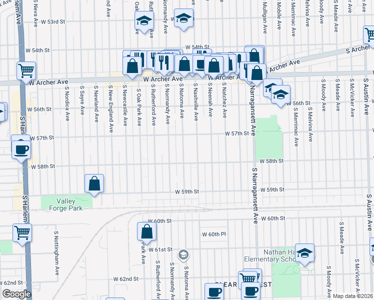 map of restaurants, bars, coffee shops, grocery stores, and more near 5755 South Natoma Avenue in Chicago