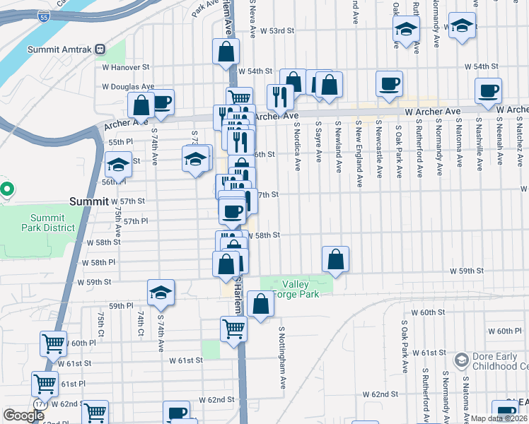 map of restaurants, bars, coffee shops, grocery stores, and more near 5747 South Neva Avenue in Chicago