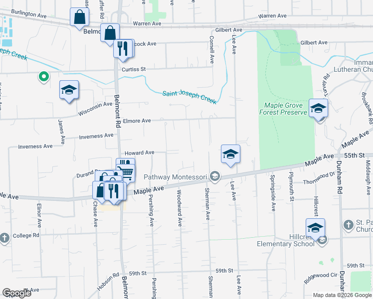 map of restaurants, bars, coffee shops, grocery stores, and more near 1936 55th Place in Downers Grove