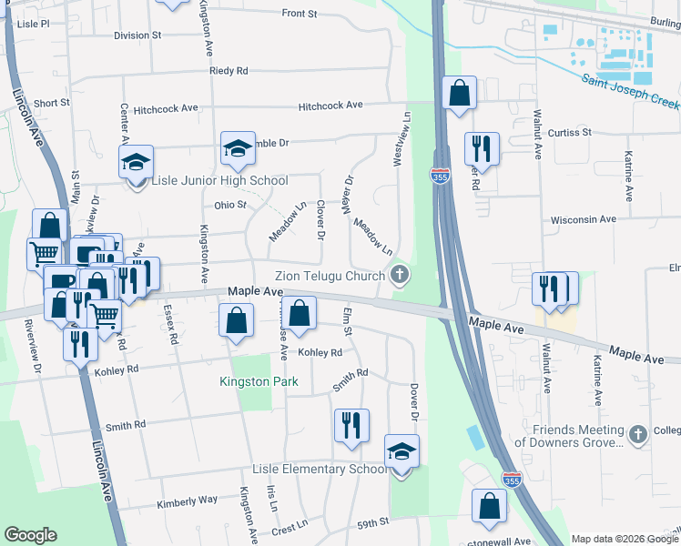 map of restaurants, bars, coffee shops, grocery stores, and more near 600 Maple Avenue in Lisle