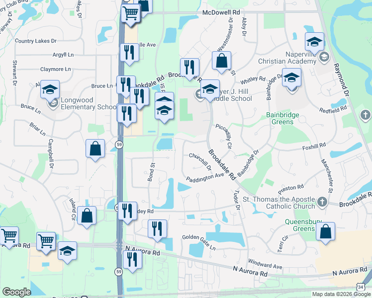 map of restaurants, bars, coffee shops, grocery stores, and more near 1861 Paddington Avenue in Naperville