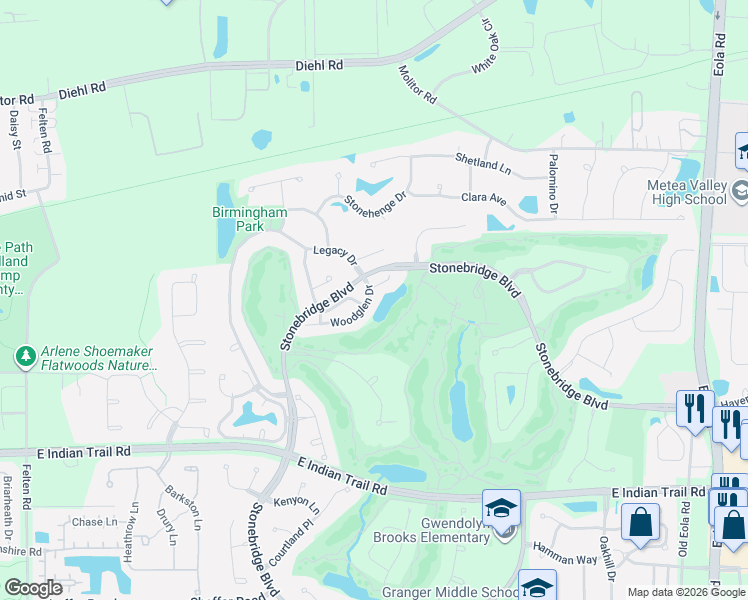 map of restaurants, bars, coffee shops, grocery stores, and more near 2399 Woodglen Drive in Aurora