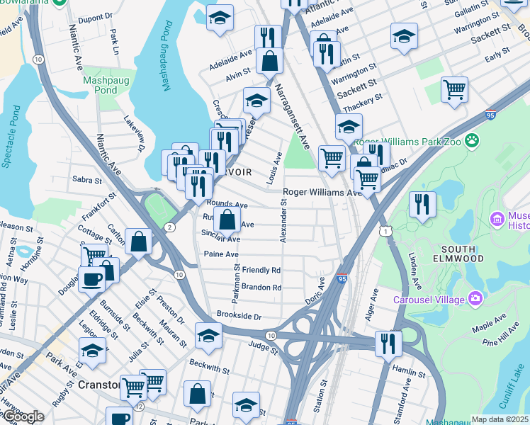 map of restaurants, bars, coffee shops, grocery stores, and more near 98 Rutherglen Avenue in Providence