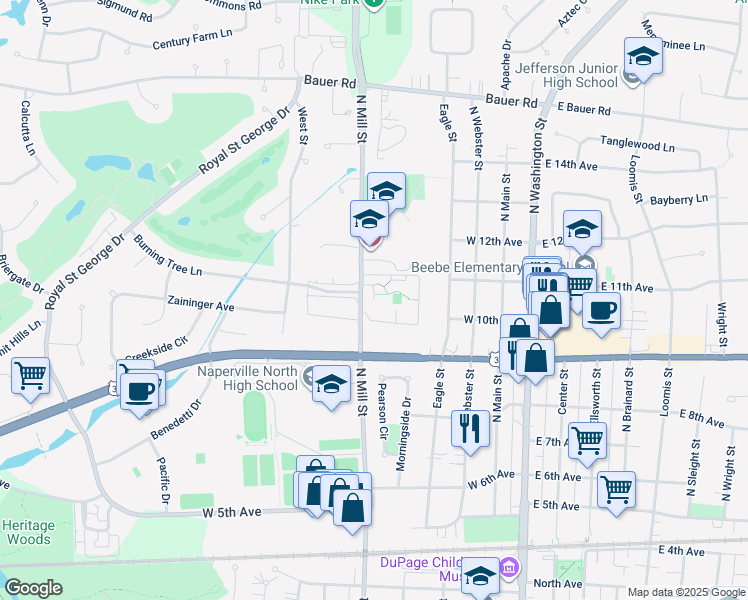 map of restaurants, bars, coffee shops, grocery stores, and more near 1020 North Mill Street in Naperville